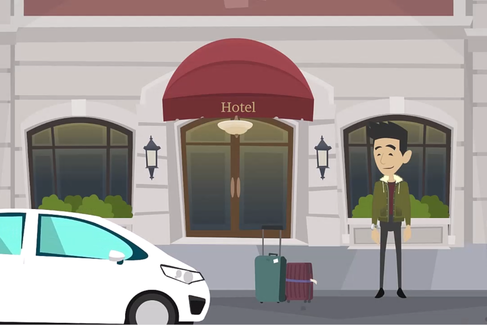 traveler waiting while bagzee driver arrives to pick up the luggage