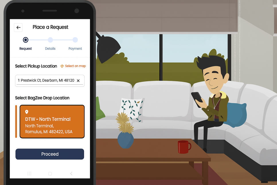 traveler booking a new request with Bagzee phone app