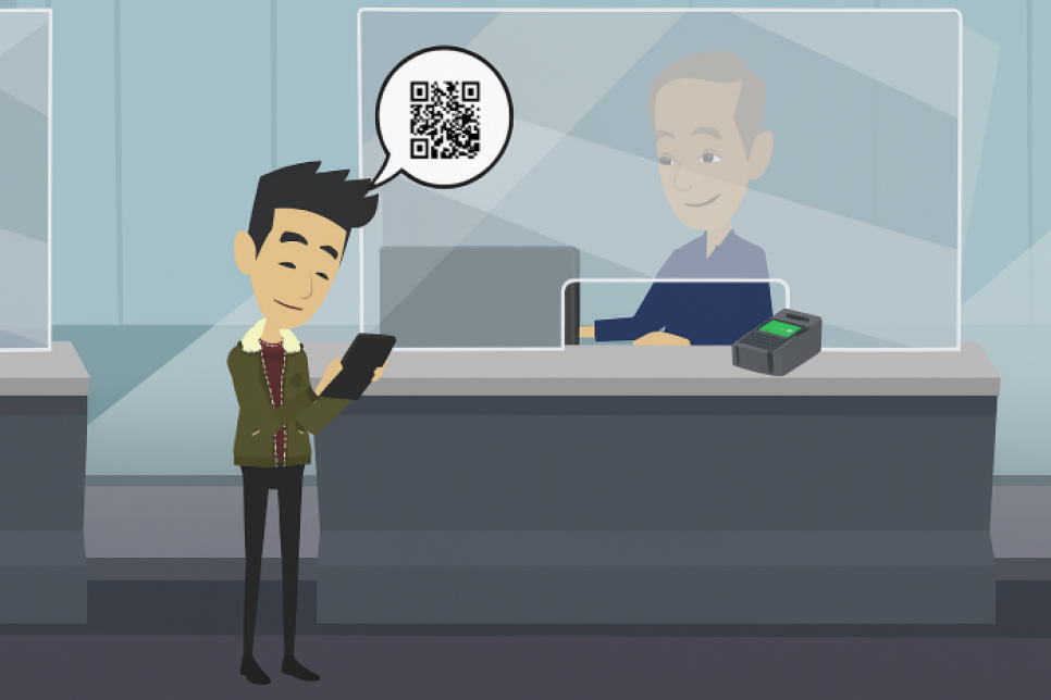 traveler arriving at Bagzee counter and presenting QR code to retrieve luggage